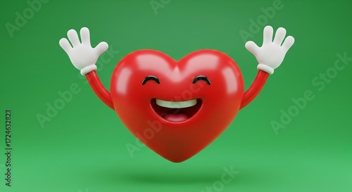 Happy Red Heart Character with Hands Raised Against Green Background