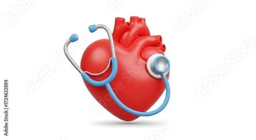 Red 3D Human Heart with Stethoscope for Cardiology