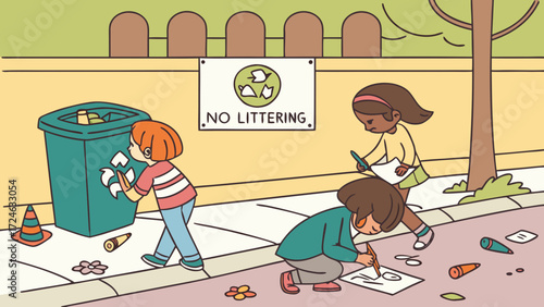 Vector Illustration of Pollution Reduction with Park Cleaning, Eco Bins and Children Drawing Awareness 
