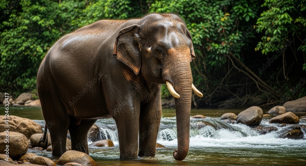 Fototapeta premium Majestic Elephant Standing in a Serene Jungle River with Flowing Water