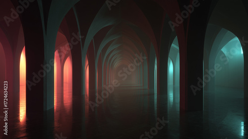 Abstract fusion scene tunnel corridor bathed in Red, Blue, and Green Lights