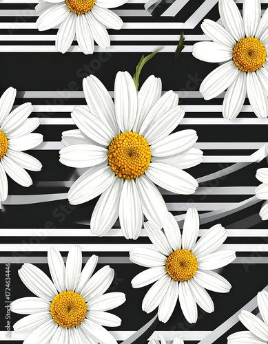 White daisy flowers on black and white striped background