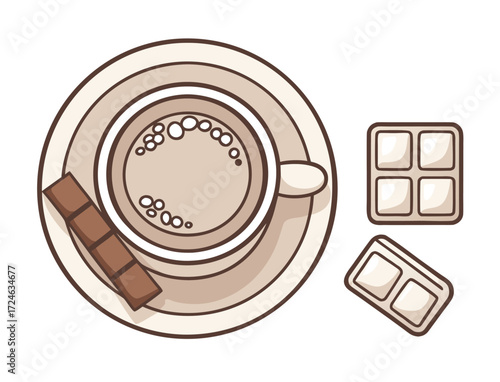 Stylized coffee cup with chocolate squares and bar illustration