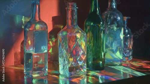 Still life of glass bottles on a table bathed by Red, Blue, and Green Lights