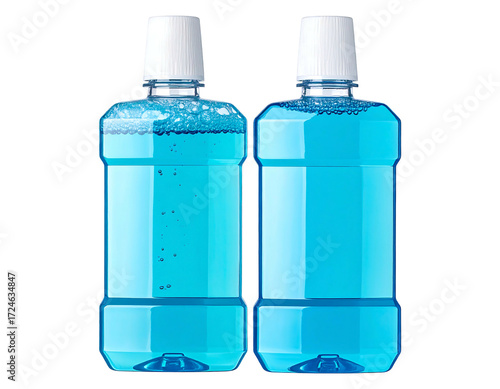 Two identical, light-blue mouthwash bottles with white caps