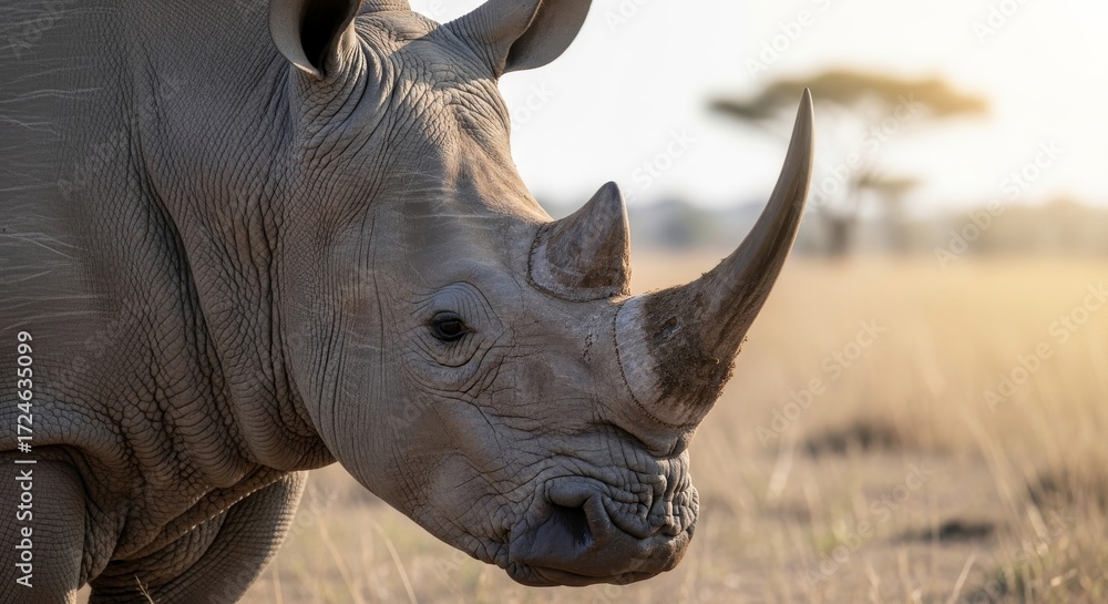 Fototapeta premium Majestic White Rhinoceros Close up in African Savanna During Golden Hour