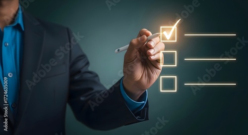 A person marking a checklist with a pen in a dark environment with a blue shirt and a black suit