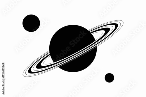 Abstract illustration of a ringed planet with two moons in deep space