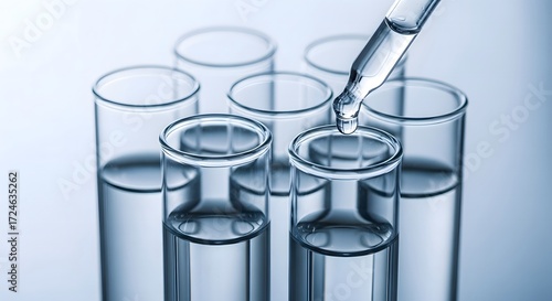 A pipette dropping clear liquid into a test tube surrounded by other glass test tubes filled with liquid