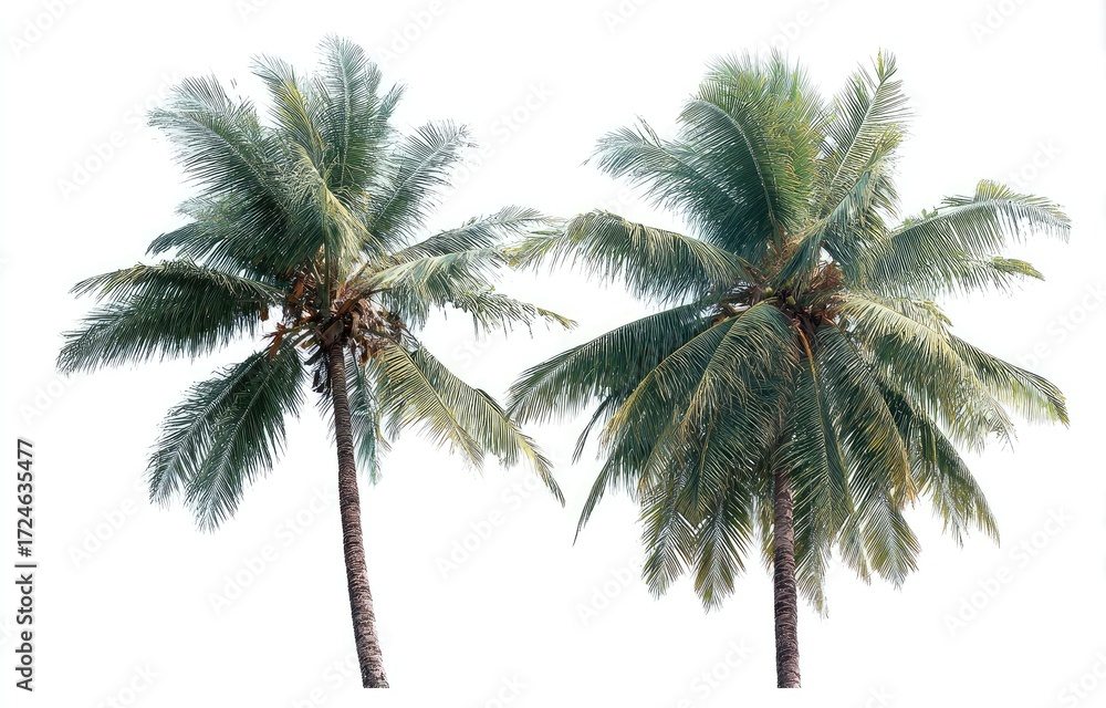Obraz premium Two coconut palms against a white background. Full-bodied, lush green fronds extend outward from tall, slender trunks