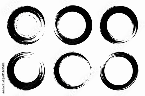Six abstract brush stroke circles in a zen ensō style, symbolizing balance and simplicity