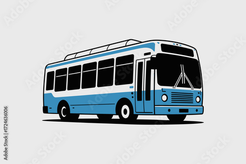 Classic blue and white public transport bus on a clean background, ready for travel.