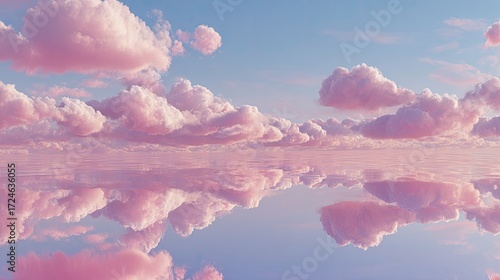 Pink clouds mirrored on a calm surface.  Pale pink cumulus clouds fill a wide sky, reflected perfectly in a glassy, still body of water below.  