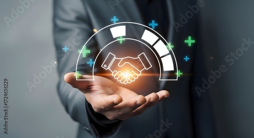 Man in suit holding digital handshake icon with performance meter in the palm of his hand