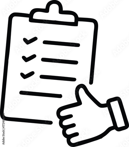 Clipboard with checklist and thumbs up hand gesture representing approval and success