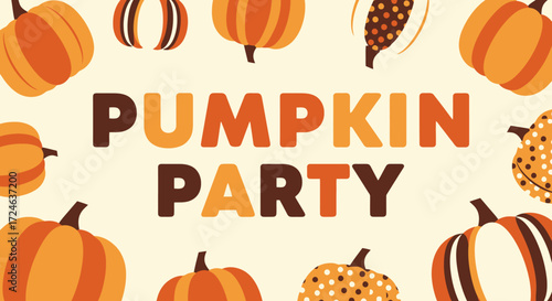 Festive Pumpkin Party Invitation Template with Playful Design and Autumnal Colors. Ideal for seasonal events, harvest festivals, and creative fall celebrations.