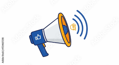 Illustration of a megaphone amplifying social media engagement with like and comment icons. Concept for digital marketing, online promotion, and public announcement campaigns
