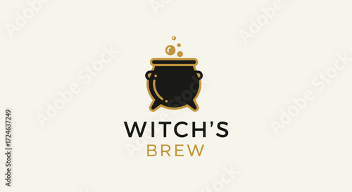Minimalist witch's brew logo featuring a cauldron and magical bubbles, perfect for Halloween-themed events, party invitations, and fantasy-related branding or marketing materials.