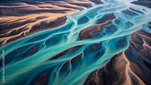 Aerial view of a turquoise river flowing over a landscape