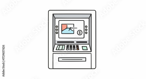 Minimalist line art icon of an automated teller machine, representing digital banking, finance technology, and self-service cash withdrawal