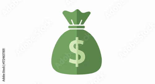 Simple flat icon of a green money sack with a dollar symbol, representing savings, finance, and capital growth