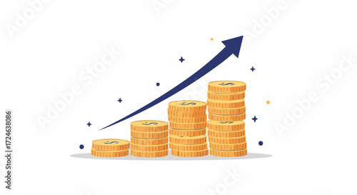 Financial success and investment growth concept featuring stacks of gold coins arranged like a bar graph with an ascending arrow indicating profit and wealth