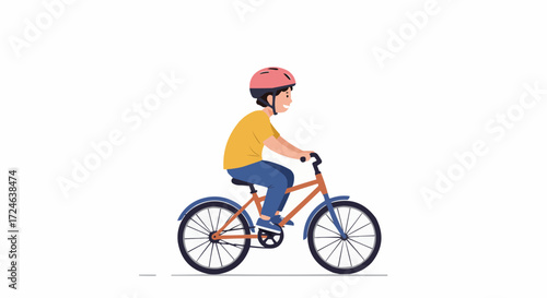 Cartoon illustration of a young boy wearing a safety helmet while riding a blue bicycle. Concept of a healthy active childhood and outdoor recreation