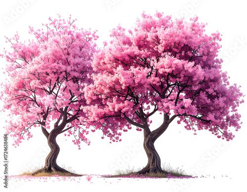 Two pink cherry blossom trees, full bloom, against black background