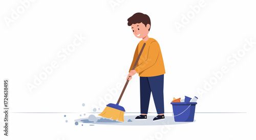 A young boy enthusiastically sweeps the floor, collecting debris into a blue bucket, demonstrating a chore