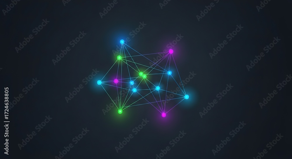 Fototapeta premium Vibrant neon network nodes glow against a deep gray backdrop, perfect for tech startups, modern branding, and innovative digital marketing campaigns