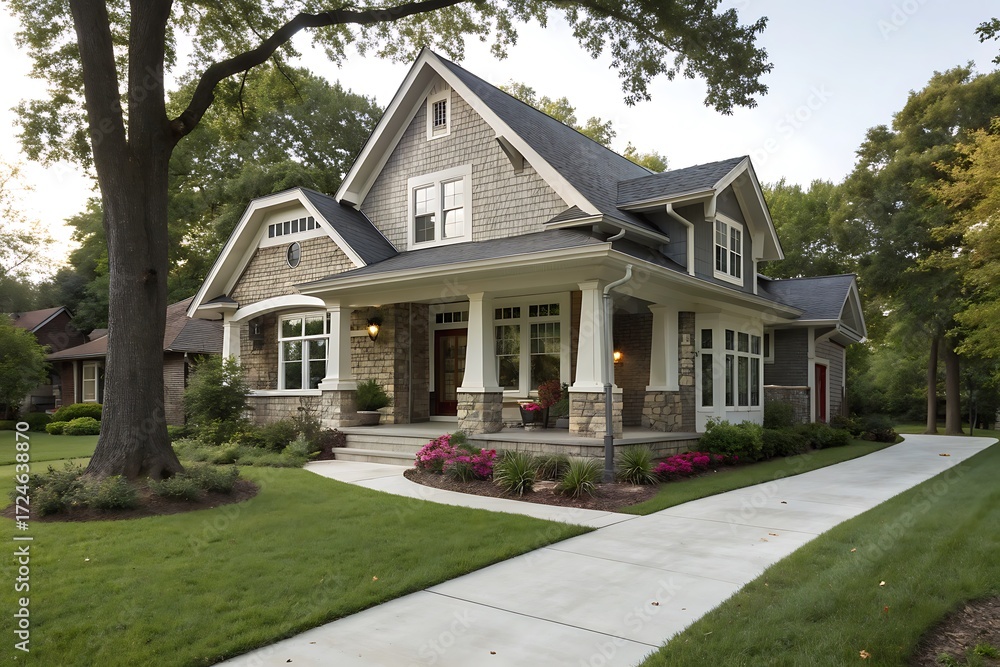 Obraz premium Craftsman Style House with Stone Accents and Lush Green Lawn