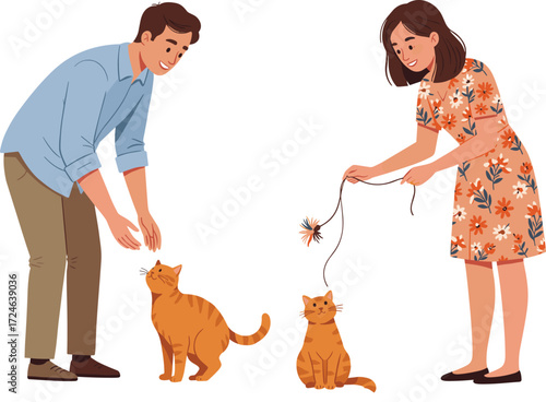 Cartoon Lifestyle Icons Featuring Couple Playing with Orange Cats, Playful Mood, Pet Theme, and Interactive Animal Bonding Scene