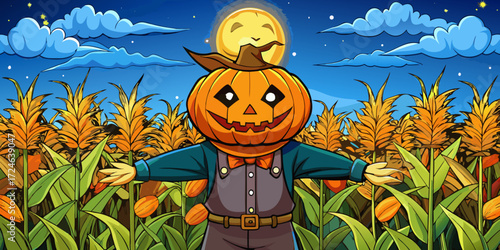 Friendly jack o lantern scarecrow standing in a cornfield under a full moon and starry night sky
