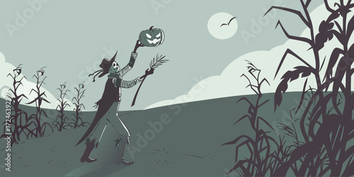 Spooky scarecrow holding a carved jack o lantern and straw in a cornfield under a pale moonlit sky