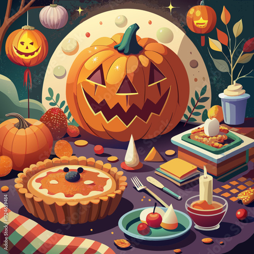 Festive halloween table setting with carved pumpkins pie and candied apples for a spooky celebration