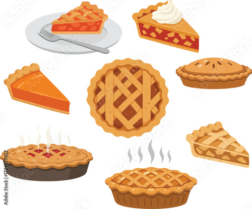 A delicious illustrated collection of various traditional homemade pies, featuring whole pies with lattice crusts and individual slices with fruit and pumpkin fillings
