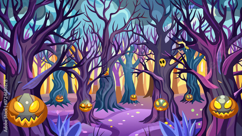 Spooky halloween forest scene with glowing jack o lanterns hanging from gnarled purple trees under a twilight sky