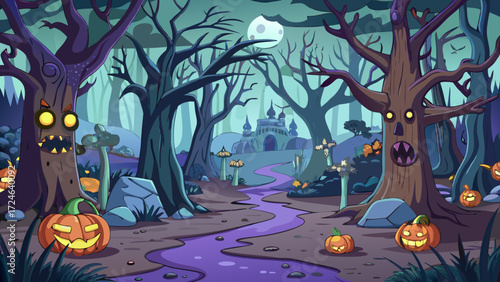 Enchanting halloween forest scene with carved pumpkins spooky trees and a mysterious castle under a full moon