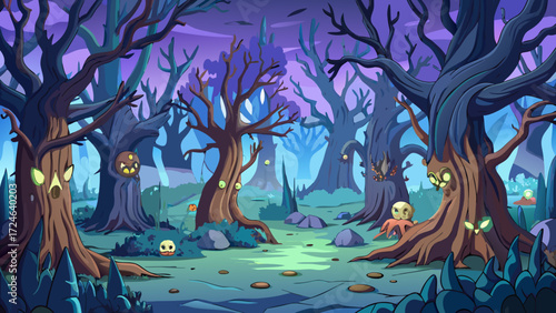 Enchanted forest with spooky trees and glowing eyes under a purple twilight sky