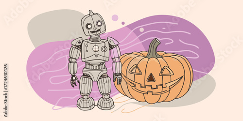 A friendly retro robot stands next to a carved halloween pumpkin with a smiling face on a pastel background