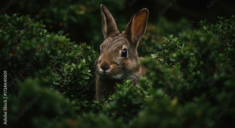 Fototapeta premium Rabbit hidden in lush foliage