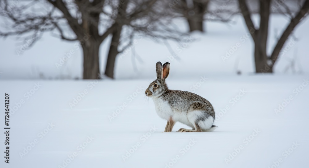 Naklejka premium Rabbit in snowy landscape
