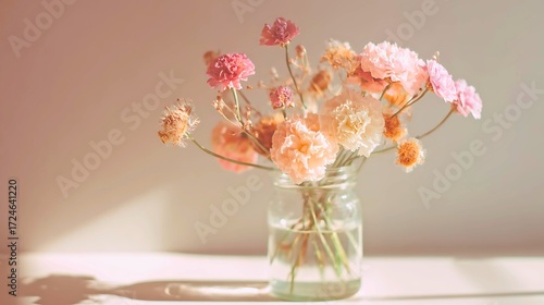 Soft focus pastel pink and peach flowers in a clear glass vase with dappled sunlight