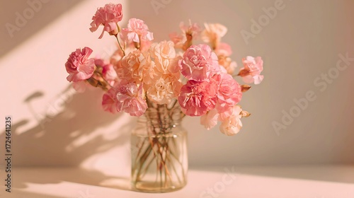 Soft pastel pink and peach carnations in a clear glass vase with warm sunlight and shadows