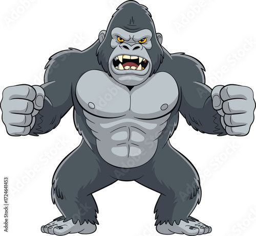 Cartoon muscular gorilla illustration, aggressive strong ape artwork, fierce animal mascot design, powerful wild beast character, intimidating jungle creature graphic