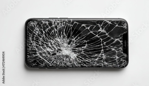 Cracked smartphone screen on white background