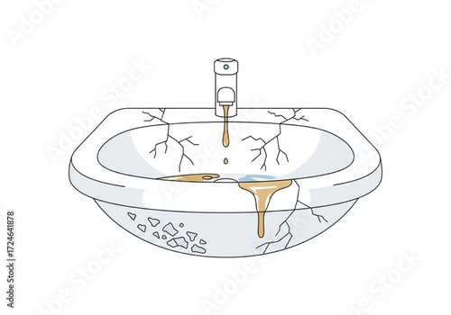 Vector illustration of a cracked and leaking bathroom sink representing decay and the need for repair