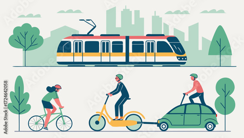Eco-Friendly Transport Vector with Cycling, Carpool, Electric Scooters and Tram for Pollution 
