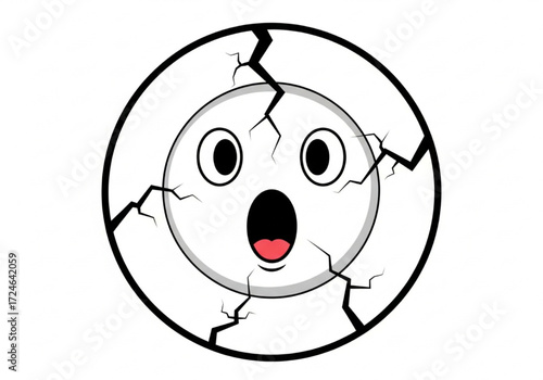 Shocked Cartoon Face Illustration with Cracks Expressing Fear or Surprise on a White Background