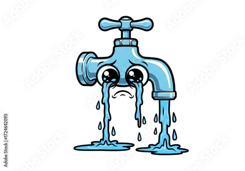 Cartoon of a weeping faucet with water gushing out, representing water waste